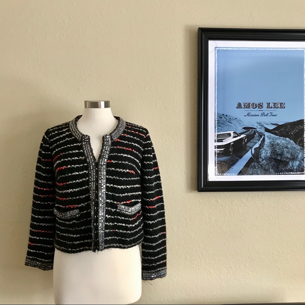 Tracy Reese Wool Blend Sequin Cardigan Sweater Size Medium Black Striped